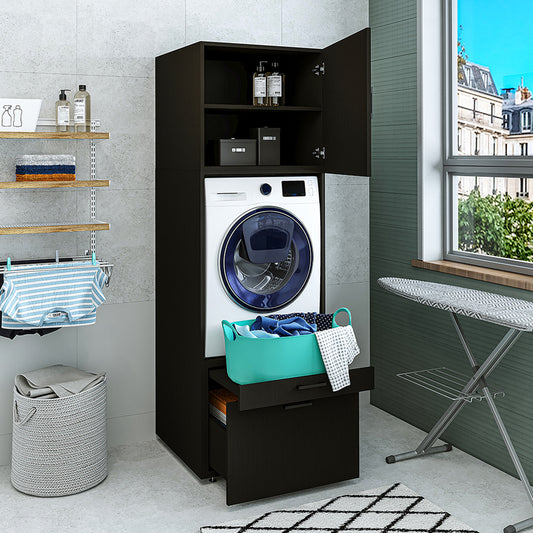 Roomart Waschmaschinenschrank mit Schrankaufsatz • mit Ausziehbrett • Weiß  • Schwarz eiche • Eiche