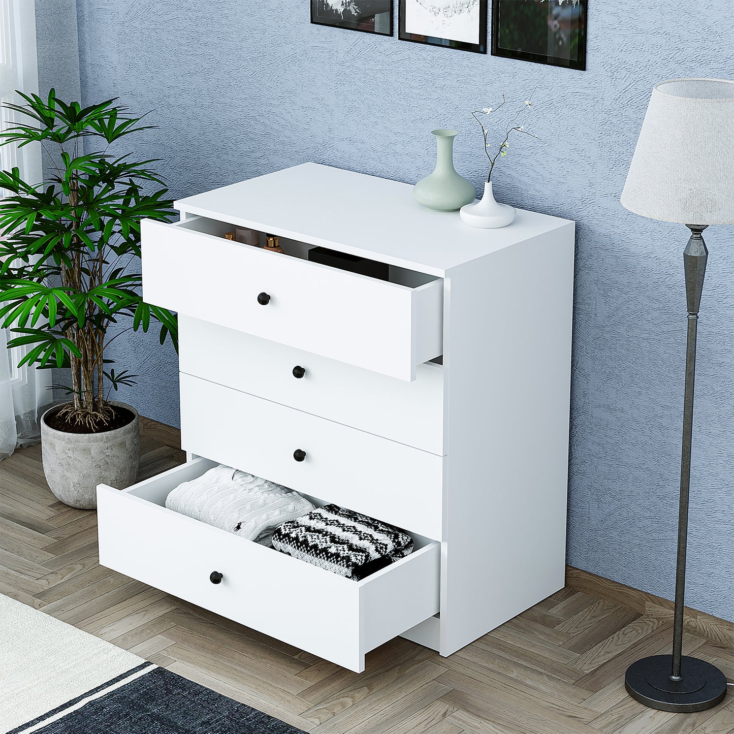 Roomart SIFO Mehrzweckschrank in Weiß – Schrank mit 4 Schubladen – Aufbewahrungsschrank für Wohnzimmer, Schlafzimmer, Esszimmer oder Büro – Modernes Design