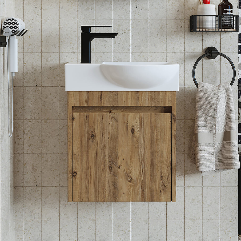 Roomart Waschtischunterschrank LEO mit Keramik-Waschbecken – Gäste-WC Badmöbel – Wasserhahn links