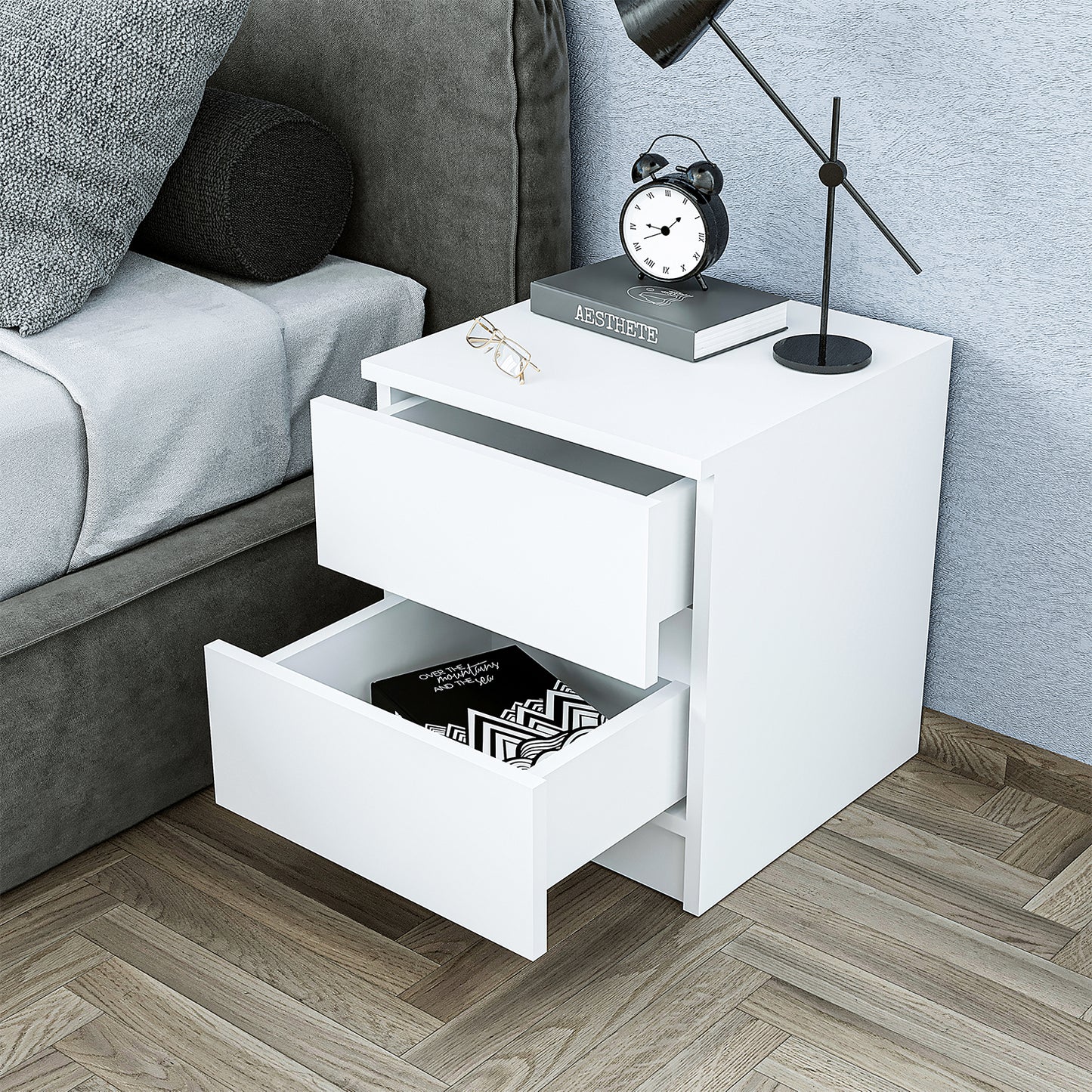 Roomart Komo Beistelltisch mit 2 Schubladen – 40 cm breit, 46,8 cm hoch – Nachttisch & Aufbewahrungstisch für Wohnzimmer, Schlafzimmer oder Büro – Modernes Design- Weiß