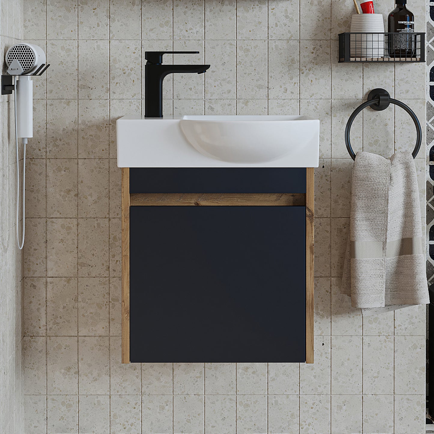 Roomart Waschtischunterschrank LEO mit Keramik-Waschbecken – Gäste-WC Badmöbel – Wasserhahn links