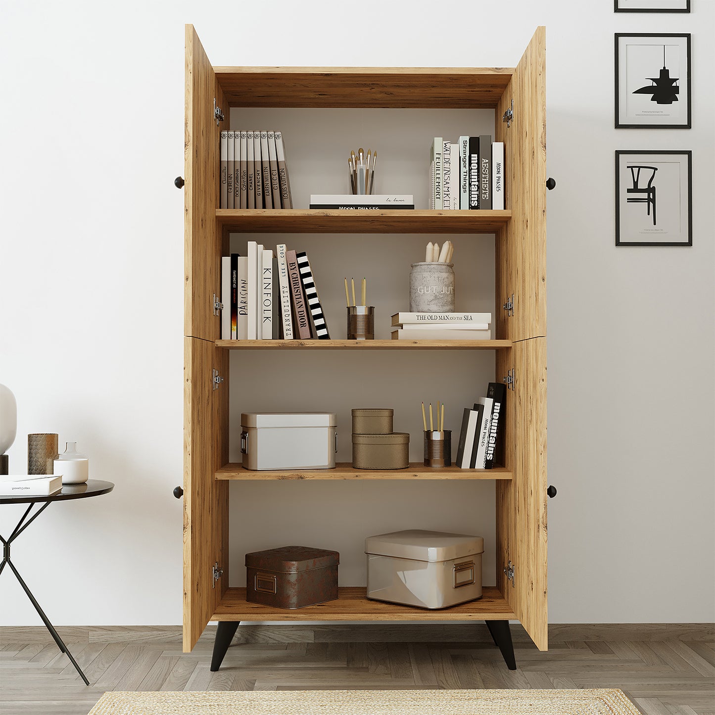 Roomart RETRA-02 Mehrzweckschrank / Bücherschrank mit Türen – 4 Fächer, 3 Regalböden – 165 x 85 x 37 cm (H x B x T) – Aufbewahrungsschrank für Wohnzimmer, Kinderzimmer oder Büro – Eiche