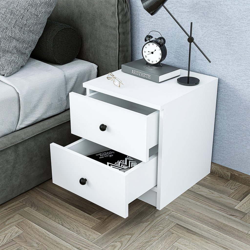 Roomart Komo Beistelltisch mit 2 Schubladen – 40 cm breit, 46,8 cm hoch – Nachttisch & Aufbewahrungstisch für Wohnzimmer, Schlafzimmer oder Büro – Modernes Design- Weiß