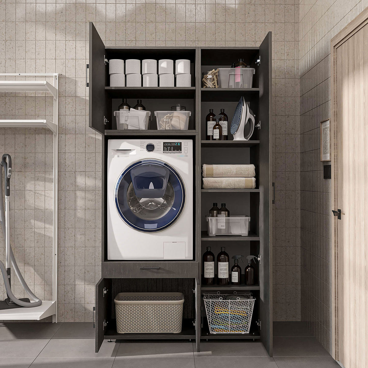 Roomart Waschmaschinenschrank SERIE 3 112 cm, Schwarz-Eiche, 205 cm hoch