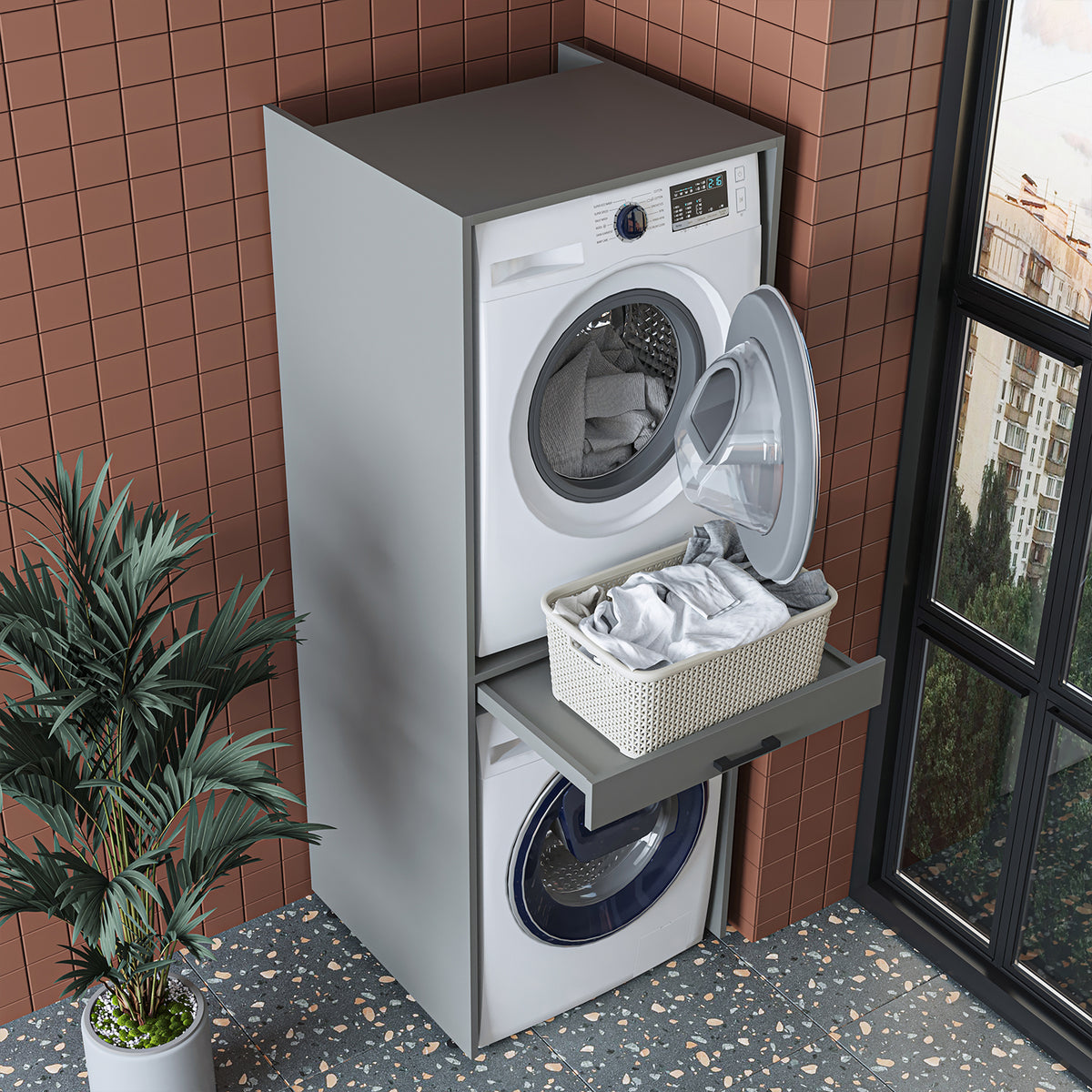Roomart Waschmaschinenschrank DUO-I, 67 cm, für Waschmaschine und Trockner