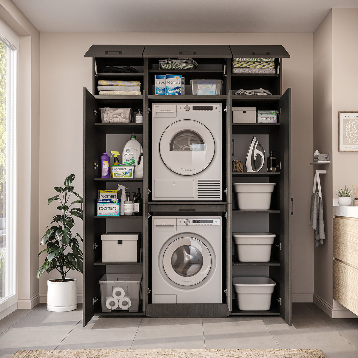 Roomart Waschmaschinenschrank DORA-I 160 cm, Schwarz Eiche, 230 cm hoch, Bild 4