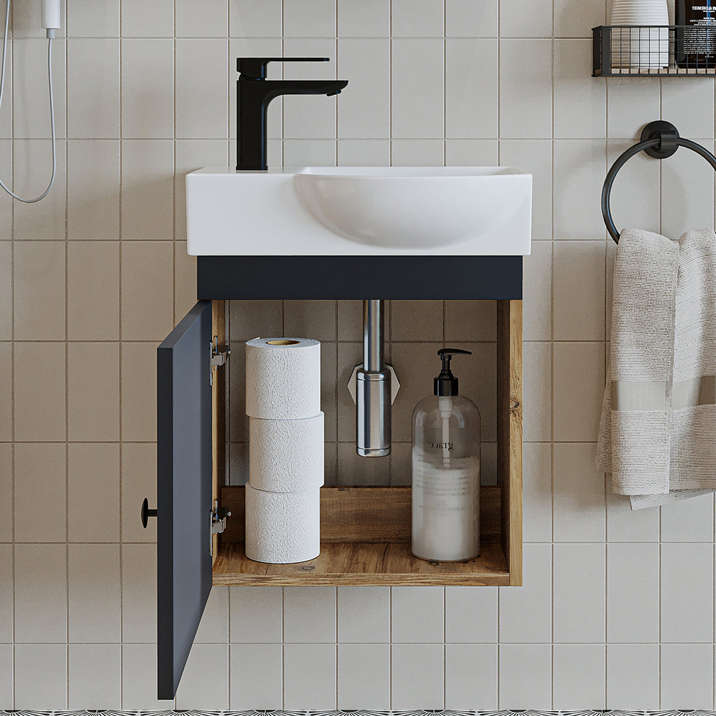 Roomart Waschtischunterschrank PUNTO mit Keramik-Waschbecken – Gäste-WC Badmöbel – Wasserhahn links