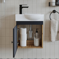 Roomart Waschtischunterschrank PUNTO mit Keramik-Waschbecken – Gäste-WC Badmöbel – Wasserhahn links