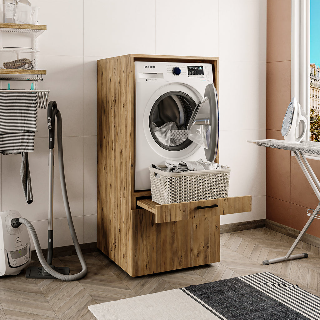Roomart • Waschmachinenschrank für Hauswirtschaftsraum • HBT: 145x67x66,8 cm • Mit Schubladen und Ausziehbrett • Weiß • Schwarz eiche  • Eiche