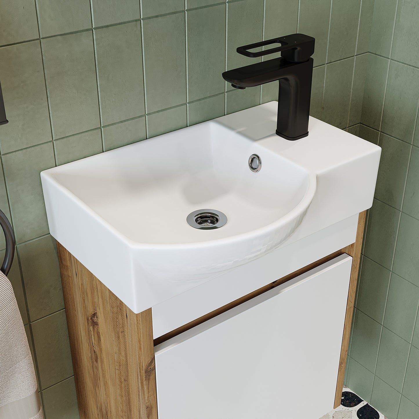 Roomart Waschtischunterschrank LEO mit Keramik-Waschbecken – Gäste-WC Badmöbel – Wasserhahn rechts