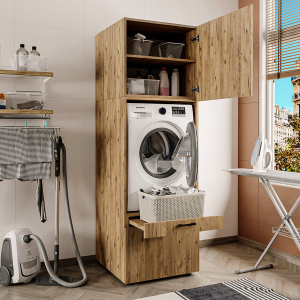 Roomart Waschmaschinenschrank mit Schrankaufsatz & Ausziehbrett – SERIE 2 -  67 cm breit, Waschturm für Waschküche & Hauswirtschaftsraum – Weiß, Eiche, Schwarz-Eiche