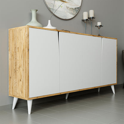 ROOMART Ospina Mehrzweckschrank in Weiß-Eiche– TV-Schrank, Esszimmerschrank & Aufbewahrungsschrank – 180 cm breit, 4 Fächer – Für Wohnzimmer, Esszimmer oder Kinderzimmer