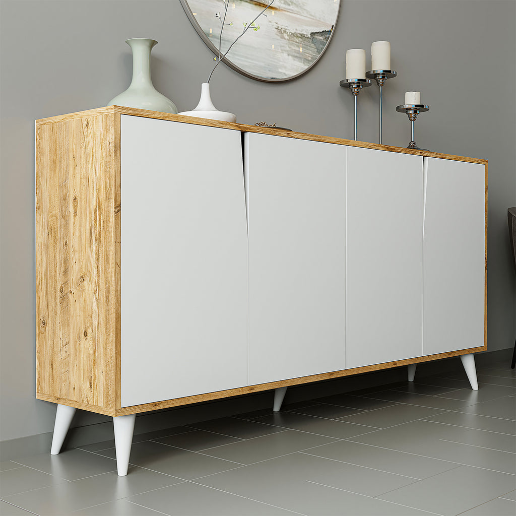 ROOMART Ospina Mehrzweckschrank in Weiß-Eiche– TV-Schrank, Esszimmerschrank & Aufbewahrungsschrank – 180 cm breit, 4 Fächer – Für Wohnzimmer, Esszimmer oder Kinderzimmer