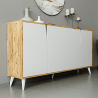 ROOMART Ospina Mehrzweckschrank in Weiß-Eiche– TV-Schrank, Esszimmerschrank & Aufbewahrungsschrank – 180 cm breit, 4 Fächer – Für Wohnzimmer, Esszimmer oder Kinderzimmer