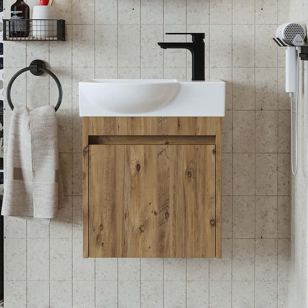 Roomart Waschtischunterschrank LEO mit Keramik-Waschbecken – Gäste-WC Badmöbel – Wasserhahn rechts