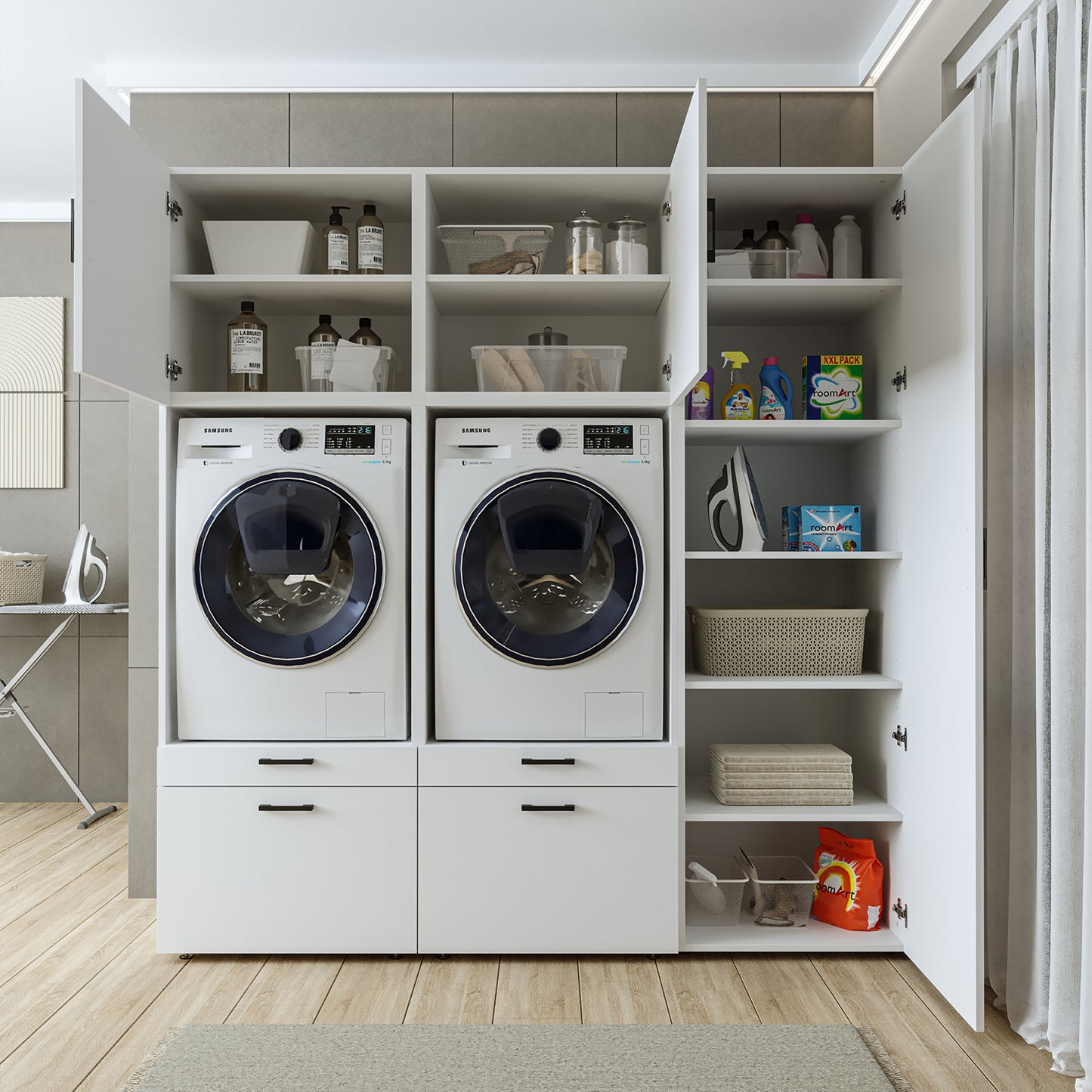 Roomart Waschmaschinenschrank Doppelschrank – SERIE 2 – 194 cm breit, Überbauschrank für Waschküche & Hauswirtschaftsraum – 205 cm hoch – mit Ausziehbrett & Schubladen – in 3 Farben