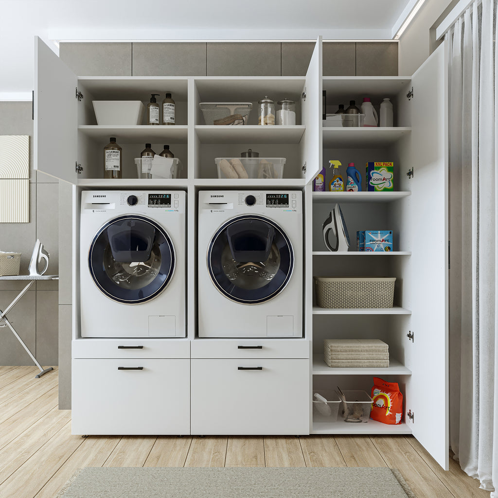 Roomart Waschmaschinenschrank Doppelschrank – SERIE 2 – 194 cm breit, Überbauschrank für Waschküche & Hauswirtschaftsraum – 205 cm hoch – mit Ausziehbrett & Schubladen – in 3 Farben