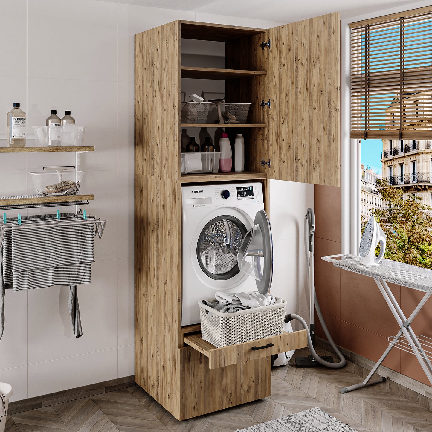 Roomart Waschmaschinenschrank mit Schrankaufsatz • mit Ausziehbrett • Weiß  • Schwarz eiche • Eiche