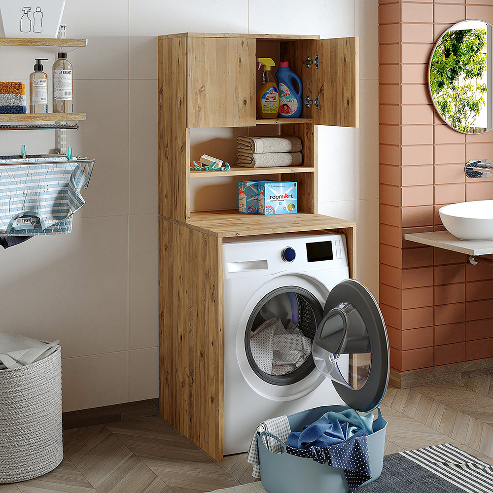 Roomart, mobile per lavatrice da bagno Atlantic, sovrastruttura per lavatrice, LHD: 65 x 181 x 60 cm, in rovere bianco, rovere antracite