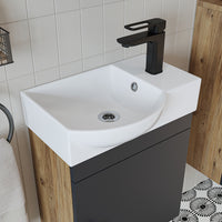 Roomart Waschtischunterschrank PUNTO mit Keramik-Waschbecken – Gäste-WC Badmöbel – Wasserhahn rechts