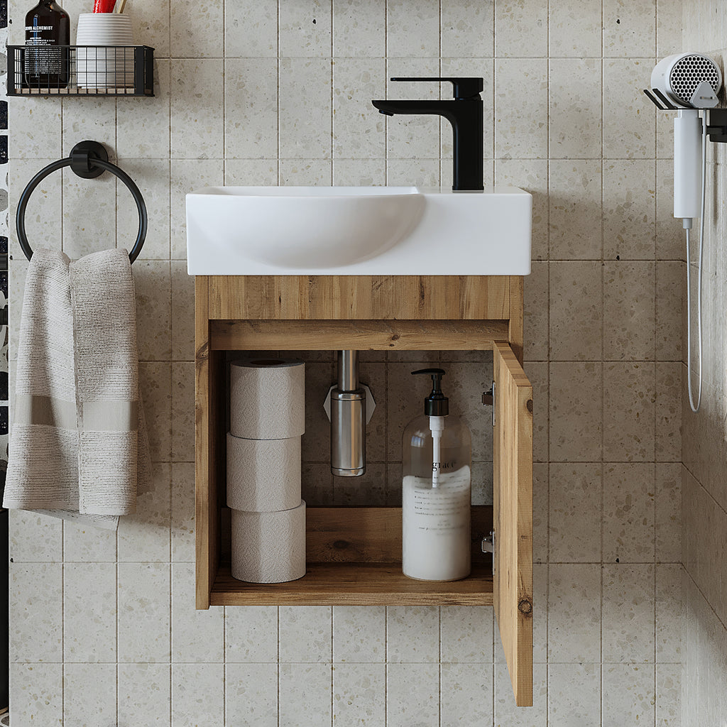 Roomart Waschtischunterschrank LEO mit Keramik-Waschbecken – Gäste-WC Badmöbel – Wasserhahn rechts