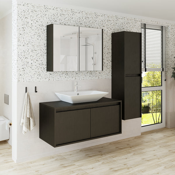 Roomart Badmöbel Set ATLANTIC 4-teilig – 100 cm Waschbeckenunterschrank mit Keramikwaschbecken, Spiegelschrank & Hochschrank – in 5 Farben