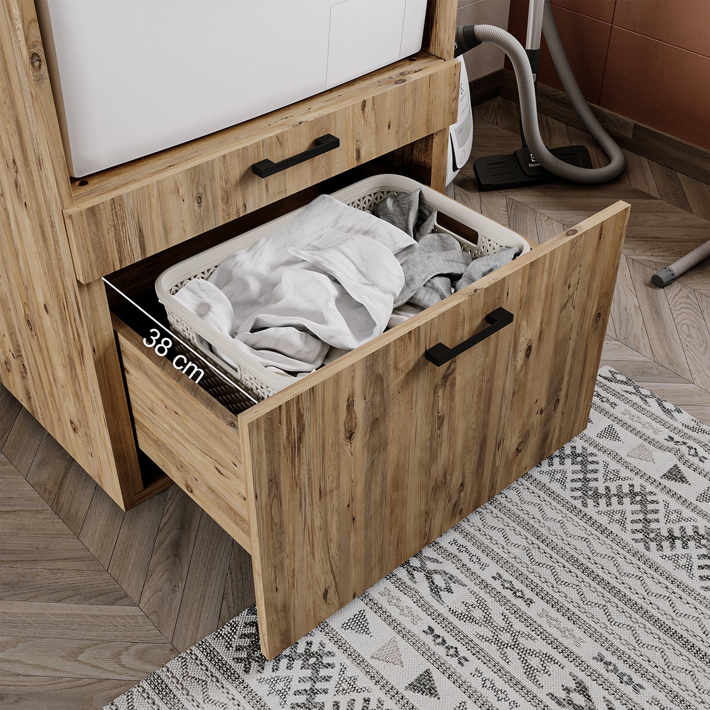 Roomart Waschmaschinenschrank mit Schrankaufsatz • mit Ausziehbrett • Weiß  • Schwarz eiche • Eiche