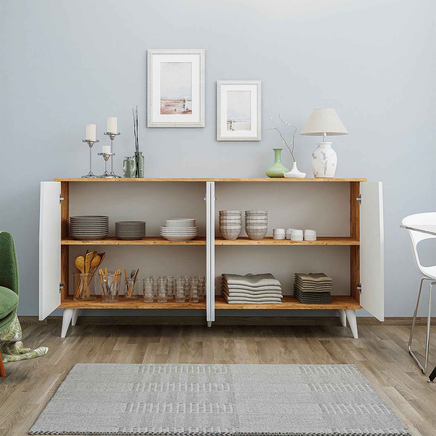 ROOMART Ospina Mehrzweckschrank in Weiß-Eiche– TV-Schrank, Esszimmerschrank & Aufbewahrungsschrank – 180 cm breit, 4 Fächer – Für Wohnzimmer, Esszimmer oder Kinderzimmer