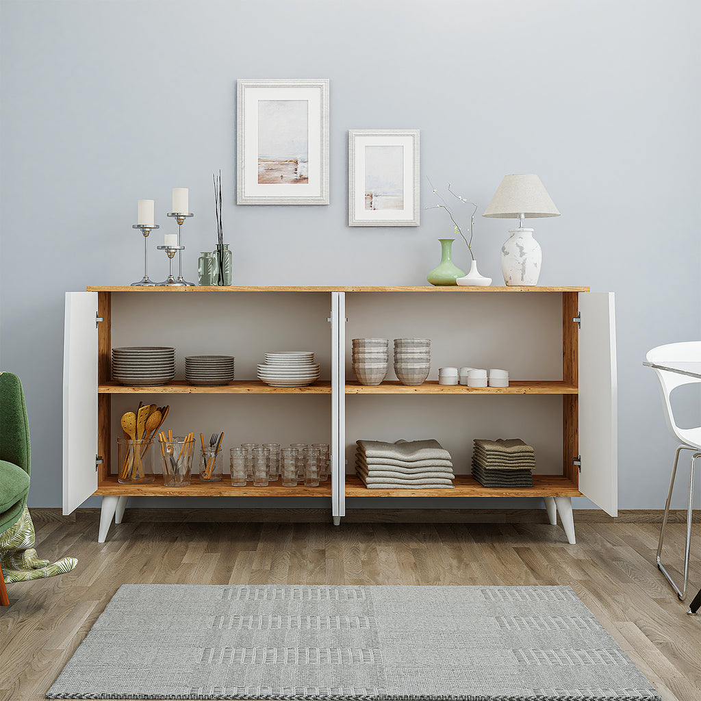 wohnzimmer aufbewahrung schrank ROOMART Ospina Mehrzweckschrank Weiß-Eiche – TV-Schrank, Aufbewahrungs – roomartstore.de