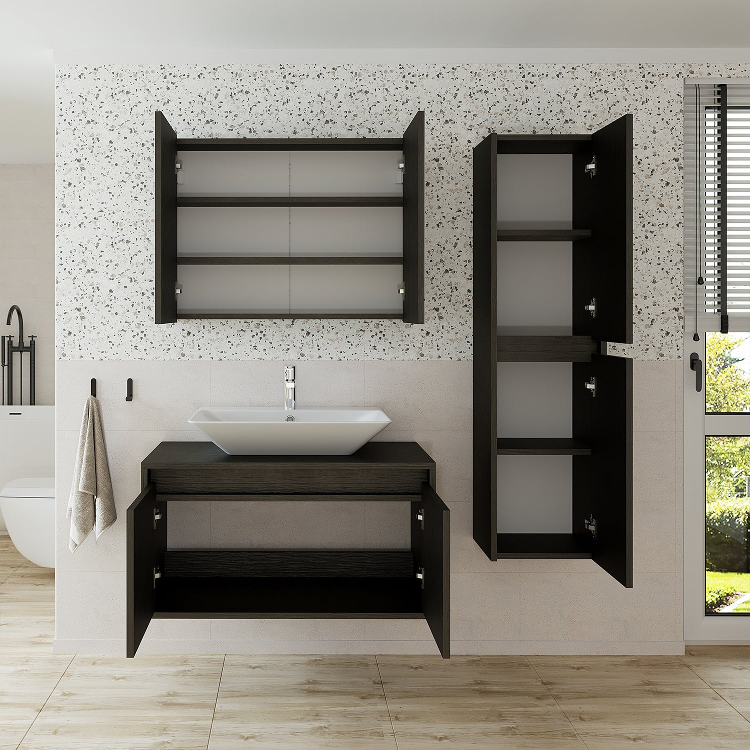 Roomart - Atria Serie Badmöbel bringt mit modernem Design und harmonischen Farbkombinationen eine schöne Note in Ihr Badezimmer. Hochwertiges Material, pflegeleichte Oberflächen und Soft-Close-Türen machen diese komfortable Badmöbelserie besonders attraktiv. Keramik Waschbecken mit Unterschrank bieten viel Stauraum. Unser badezimmer set ist verfügbar in 65 cm, 85 cm und 100 cm breit Waschtisch mit Unterschrank in Weiß Farbe.