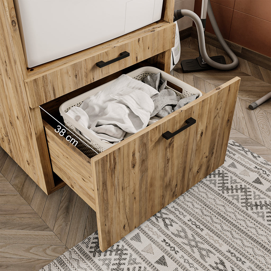 Roomart • Waschmachinenschrank für Hauswirtschaftsraum • HBT: 145x67x66,8 cm • Mit Schubladen und Ausziehbrett • Weiß • Schwarz eiche  • Eiche