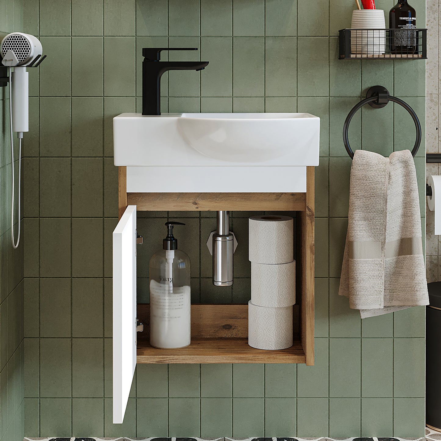 Roomart Waschtischunterschrank LEO mit Keramik-Waschbecken – Gäste-WC Badmöbel – Wasserhahn links