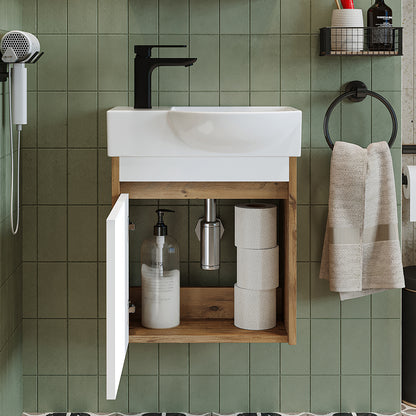 Roomart Waschtischunterschrank LEO mit Keramik-Waschbecken – Gäste-WC Badmöbel – Wasserhahn links