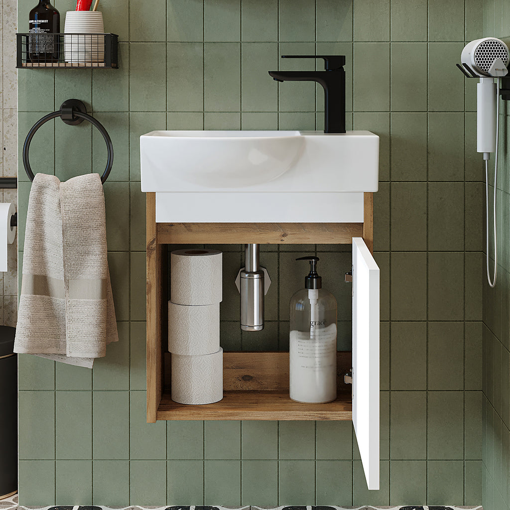 Roomart Waschtischunterschrank LEO mit Keramik-Waschbecken – Gäste-WC Badmöbel – Wasserhahn rechts