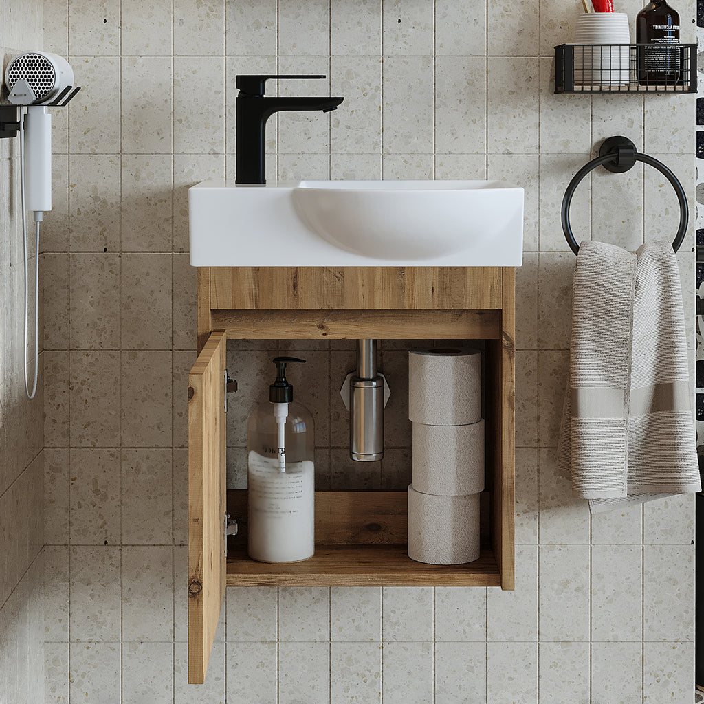Roomart Waschtischunterschrank LEO mit Keramik-Waschbecken – Gäste-WC Badmöbel – Wasserhahn links