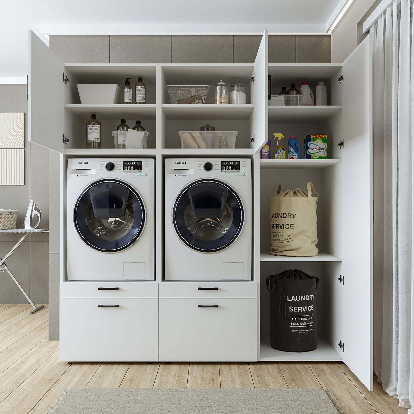 Roomart Waschmaschinenschrank Doppelschrank – SERIE 2 – 194 cm breit, Überbauschrank für Waschküche & Hauswirtschaftsraum – 205 cm hoch – mit Ausziehbrett & Schubladen – in 3 Farben