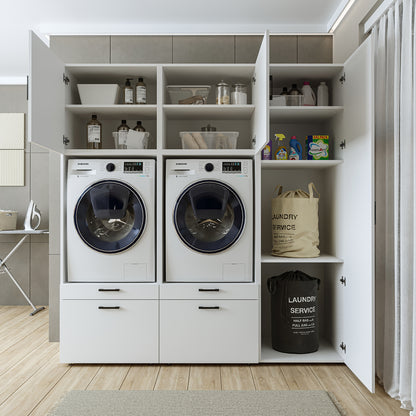 Roomart Waschmaschinenschrank Doppelschrank – SERIE 2 – 194 cm breit, Überbauschrank für Waschküche & Hauswirtschaftsraum – 205 cm hoch – mit Ausziehbrett & Schubladen – in 3 Farben