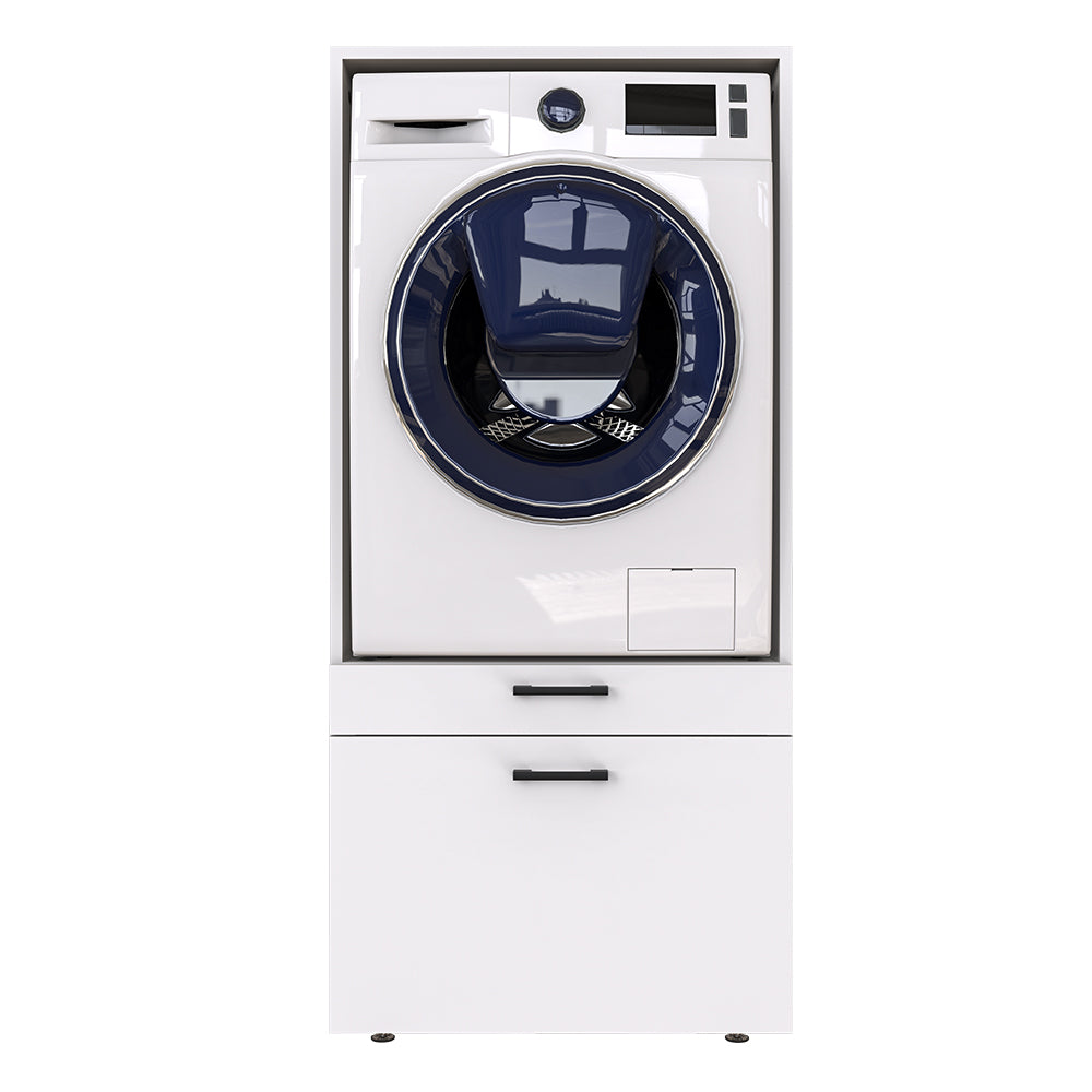 Roomart • Waschmachinenschrank für Hauswirtschaftsraum • HBT: 145x67x66,8 cm • Mit Schubladen und Ausziehbrett • Weiß • Schwarz eiche  • Eiche