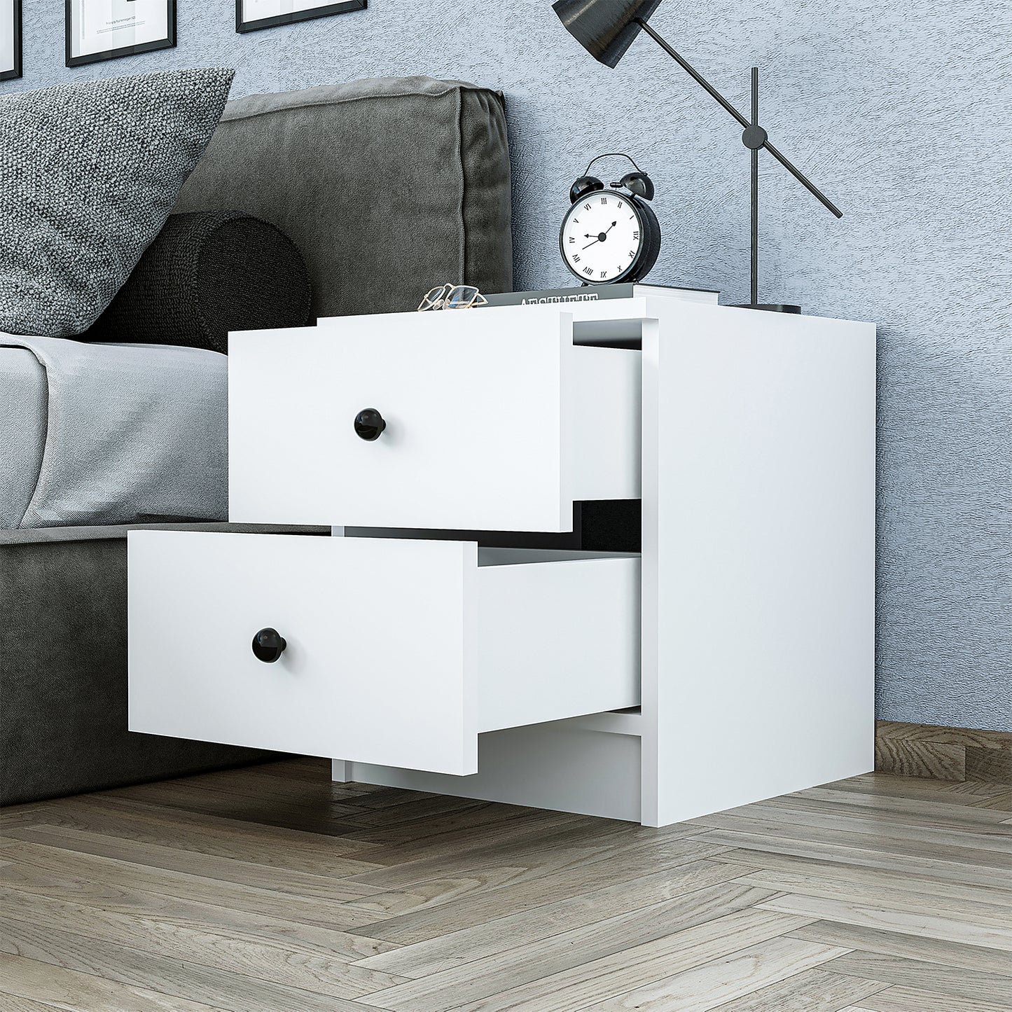 Roomart Komo Beistelltisch mit 2 Schubladen – 40 cm breit, 46,8 cm hoch – Nachttisch & Aufbewahrungstisch für Wohnzimmer, Schlafzimmer oder Büro – Modernes Design- Weiß