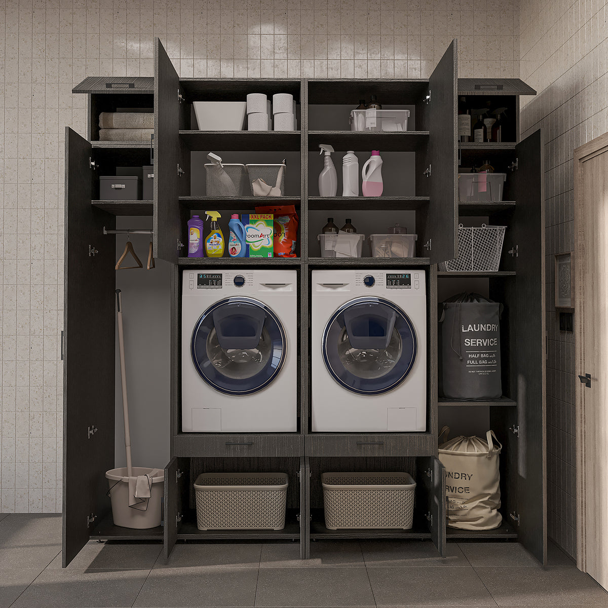 Roomart Waschmaschinenschrank SERIE 3 224 cm, Schwarz-Eiche, 240 cm hoch