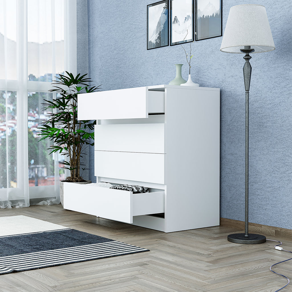 Roomart SIFO Mehrzweckschrank in Weiß – Schrank mit 4 Schubladen – Aufbewahrungsschrank für Wohnzimmer, Schlafzimmer, Esszimmer oder Büro – Modernes Design