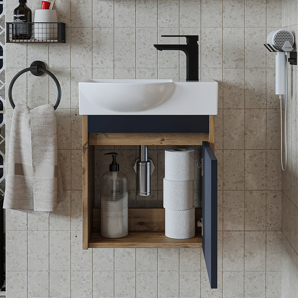 Roomart Waschtischunterschrank LEO mit Keramik-Waschbecken – Gäste-WC Badmöbel – Wasserhahn rechts