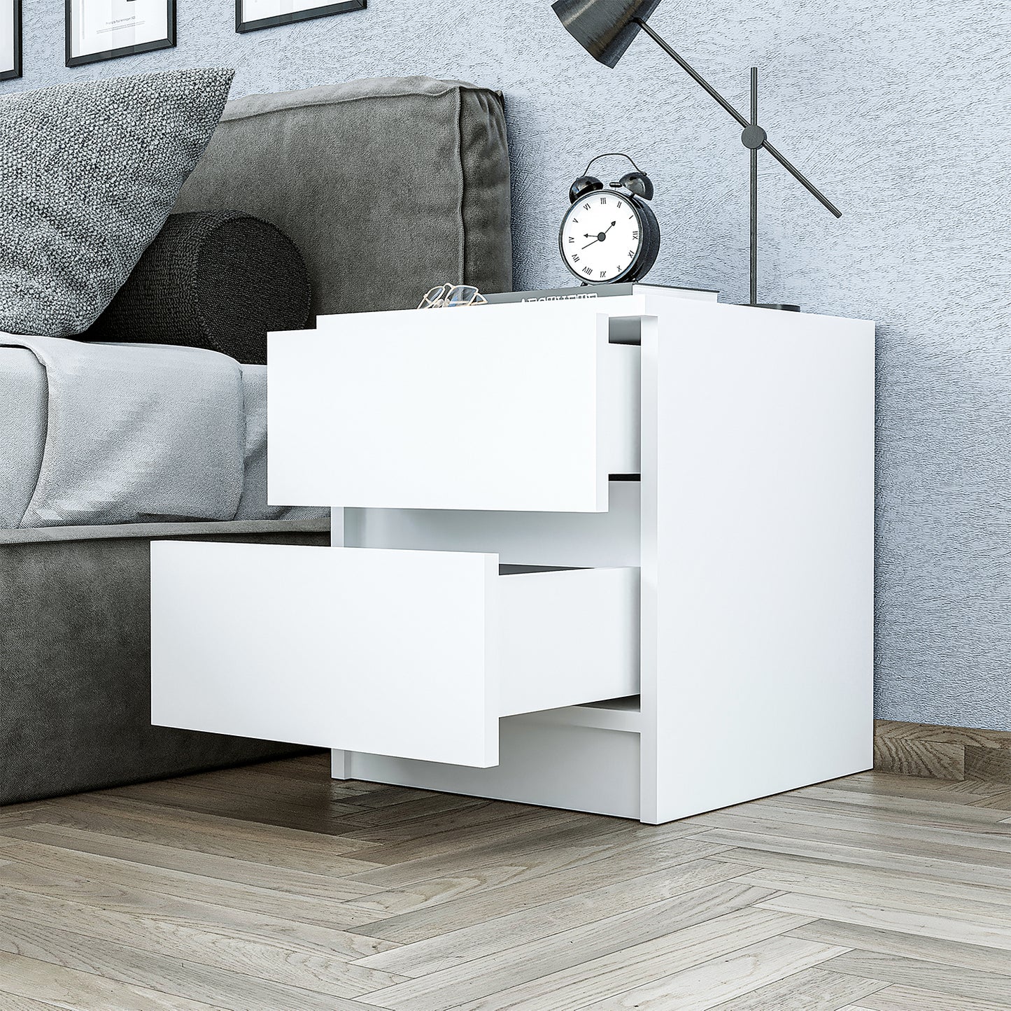 Roomart Komo Beistelltisch mit 2 Schubladen – 40 cm breit, 46,8 cm hoch – Nachttisch & Aufbewahrungstisch für Wohnzimmer, Schlafzimmer oder Büro – Modernes Design- Weiß