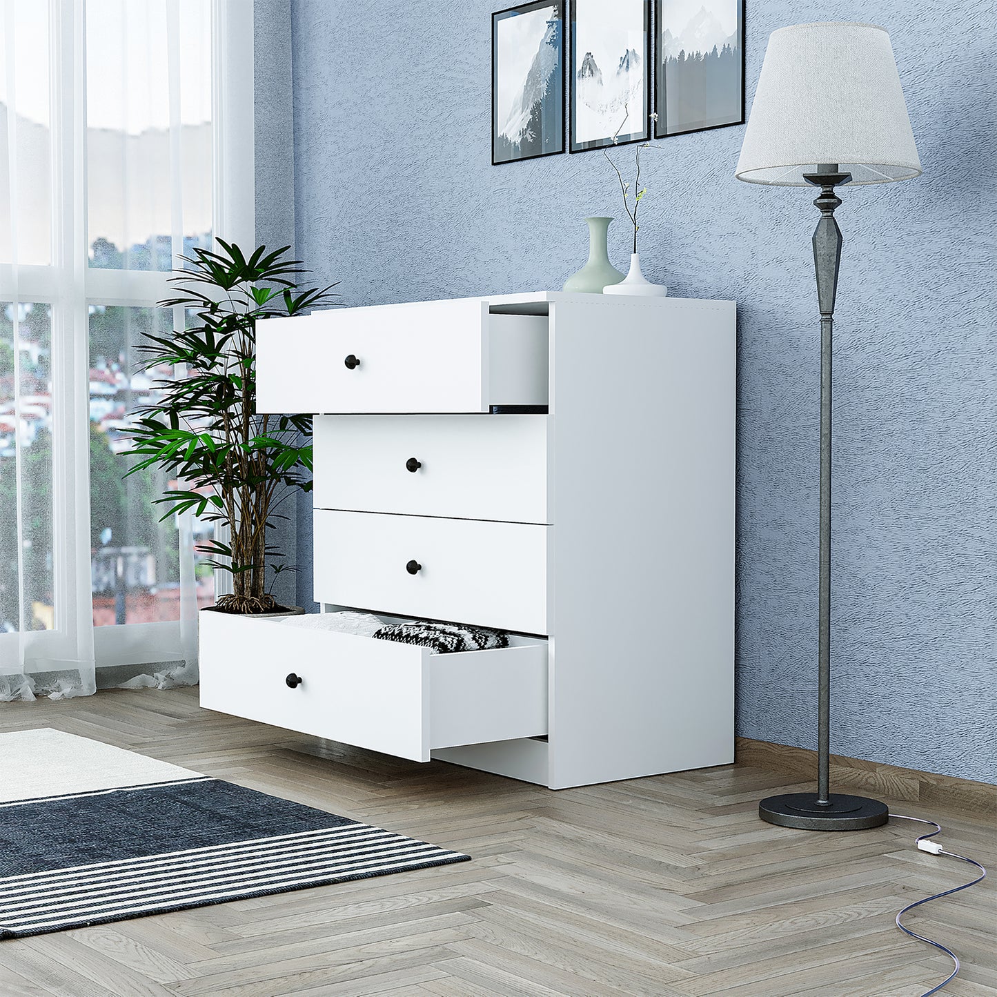 Roomart SIFO Mehrzweckschrank in Weiß – Schrank mit 4 Schubladen – Aufbewahrungsschrank für Wohnzimmer, Schlafzimmer, Esszimmer oder Büro – Modernes Design