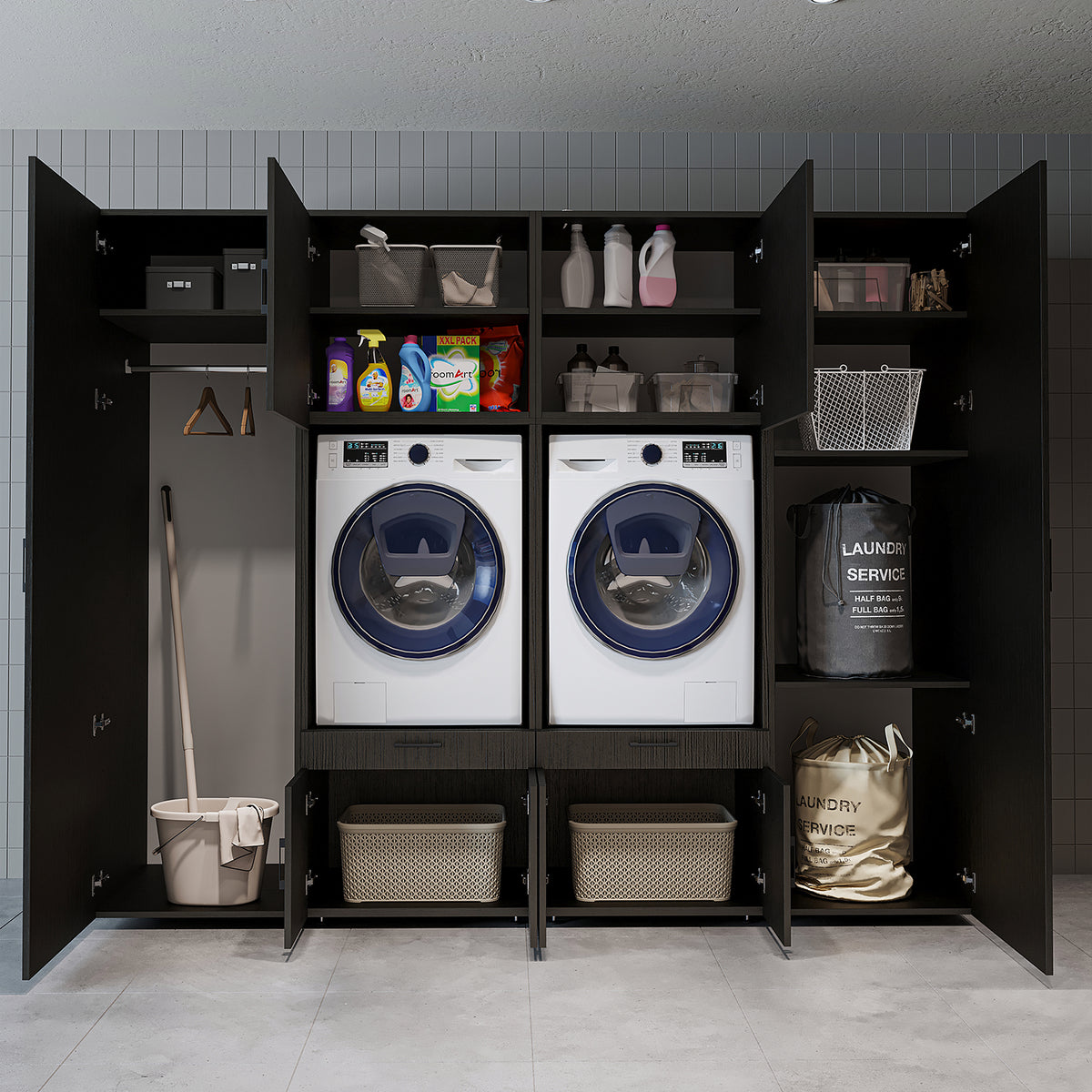 Roomart Waschmaschinenschrank SERIE 3 254 cm, Schwarz-Eiche, 205 cm hoch