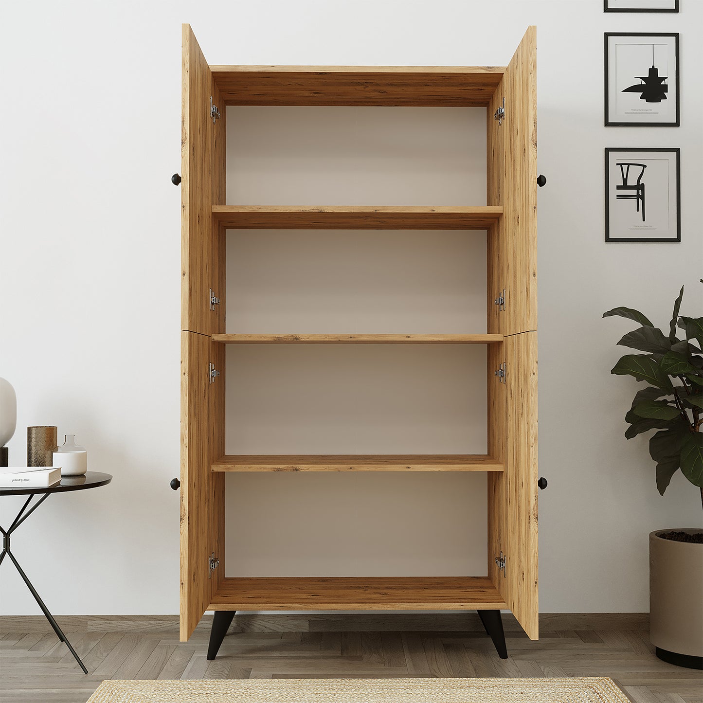 Roomart RETRA-02 Mehrzweckschrank / Bücherschrank mit Türen – 4 Fächer, 3 Regalböden – 165 x 85 x 37 cm (H x B x T) – Aufbewahrungsschrank für Wohnzimmer, Kinderzimmer oder Büro – Eiche