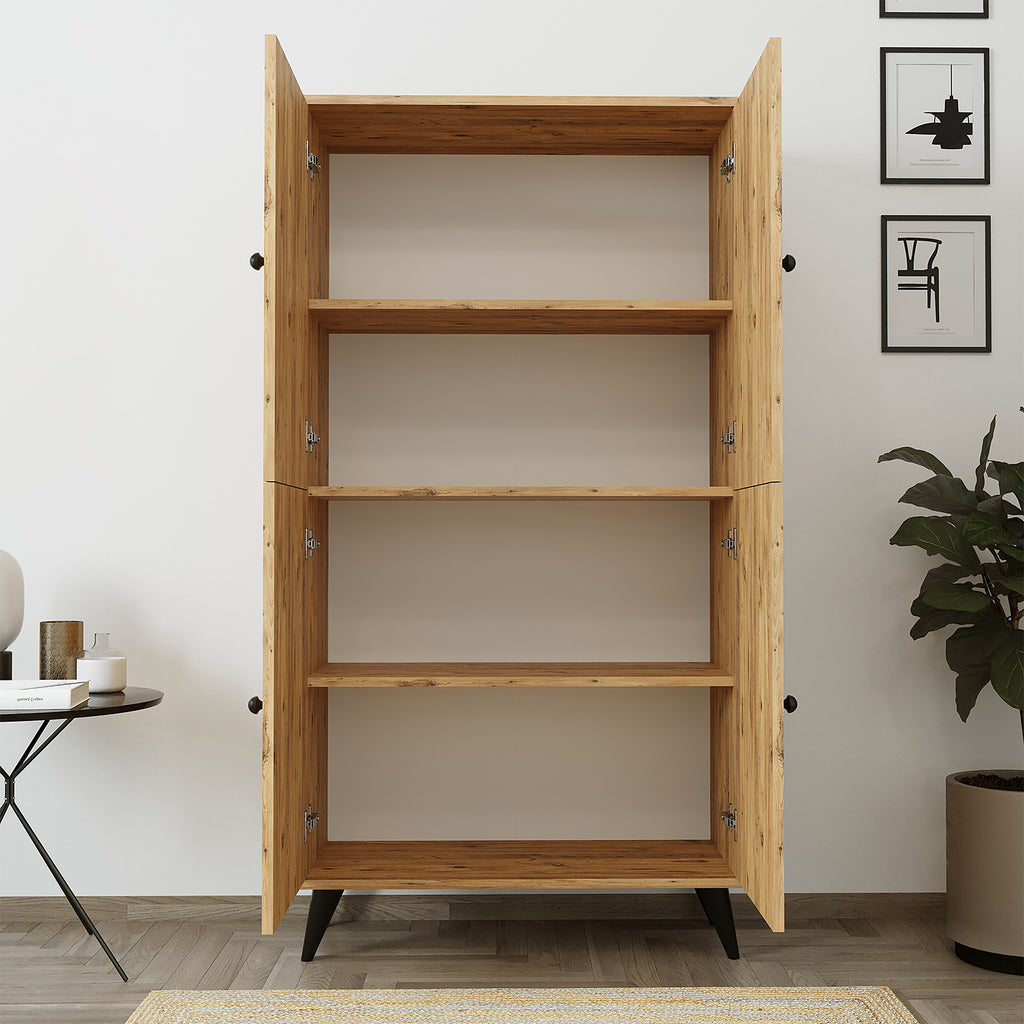 Roomart RETRA-02 Mehrzweckschrank / Bücherschrank mit Türen – 4 Fächer, 3 Regalböden – 165 x 85 x 37 cm (H x B x T) – Aufbewahrungsschrank für Wohnzimmer, Kinderzimmer oder Büro – Eiche