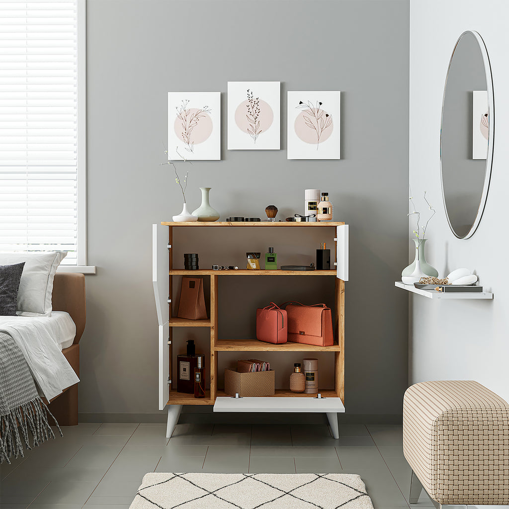 Roomart Pablo Mehrzweckschrank in Weiß-Eiche – Schrank mit Türen & Regalen – Aufbewahrungsschrank für Wohnzimmer, Schlafzimmer, Esszimmer oder Büro – Modern & platzsparend