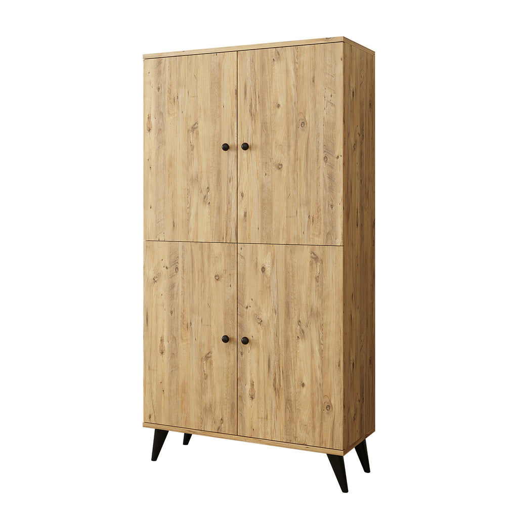 Roomart RETRA-02 Mehrzweckschrank / Bücherschrank mit Türen – 4 Fächer, 3 Regalböden – 165 x 85 x 37 cm (H x B x T) – Aufbewahrungsschrank für Wohnzimmer, Kinderzimmer oder Büro – Eiche