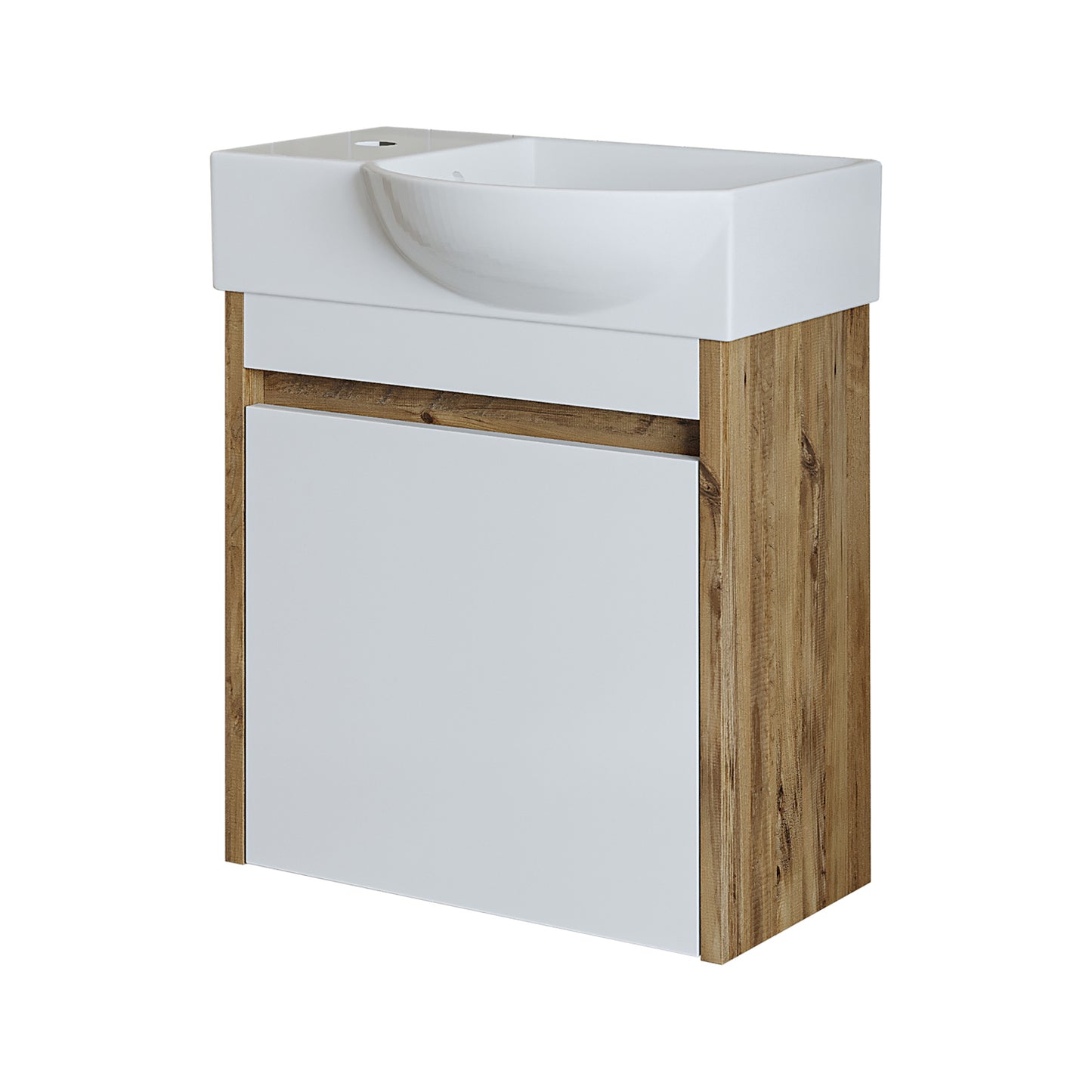 Roomart Waschtischunterschrank LEO mit Keramik-Waschbecken – Gäste-WC Badmöbel – Wasserhahn links